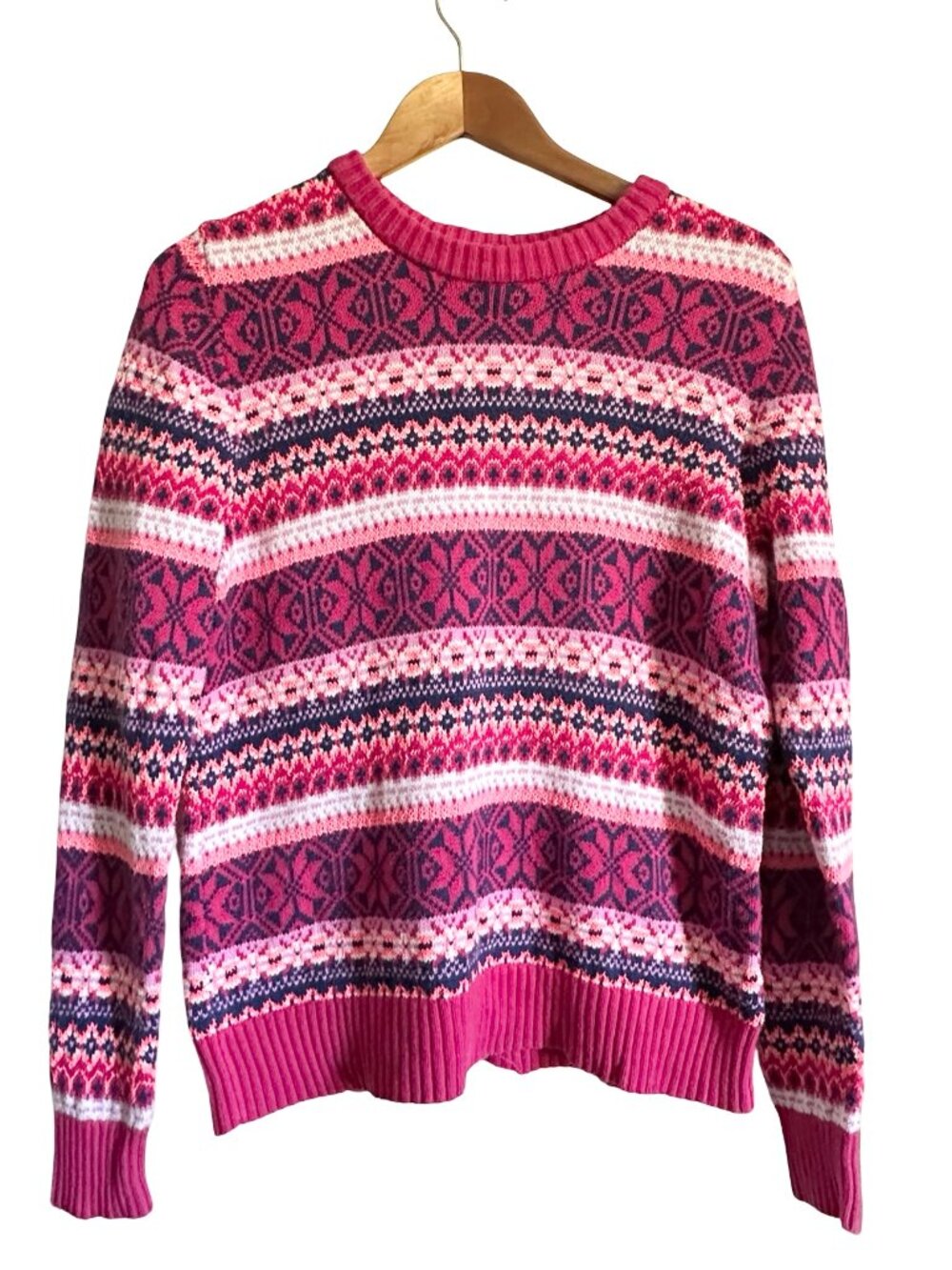 Vintage Y2K 90s J. Crew Cotton Pink/Blue Striped Argyle Fair Isle Sweater Medium
